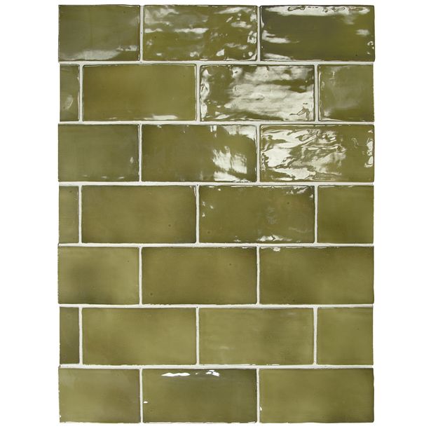 Seinälaatta Pukkila Manacor Basil Green, kiiltävä, strukturoitu, 7.5x15cm