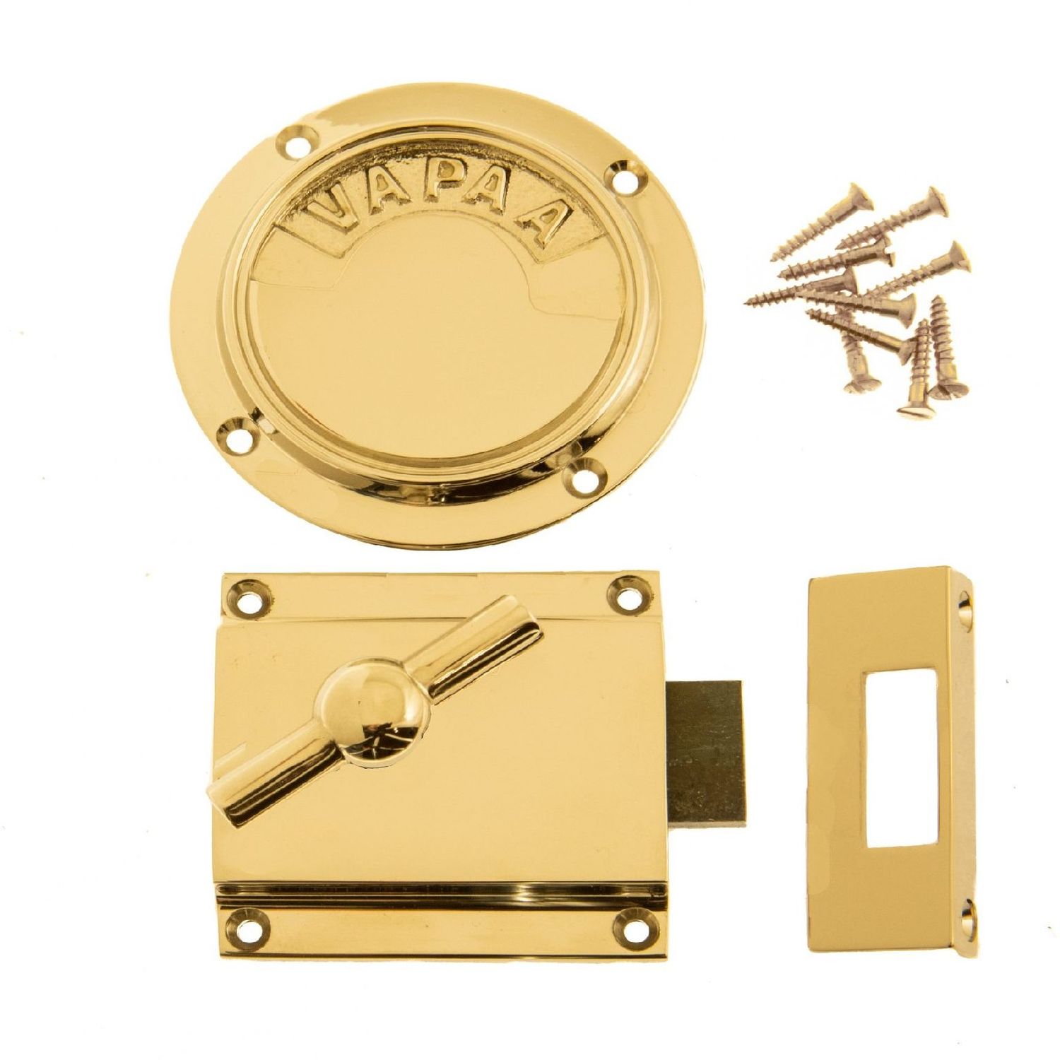 WC-lukko Rakennusapteekki, suomenkielinen, messinki