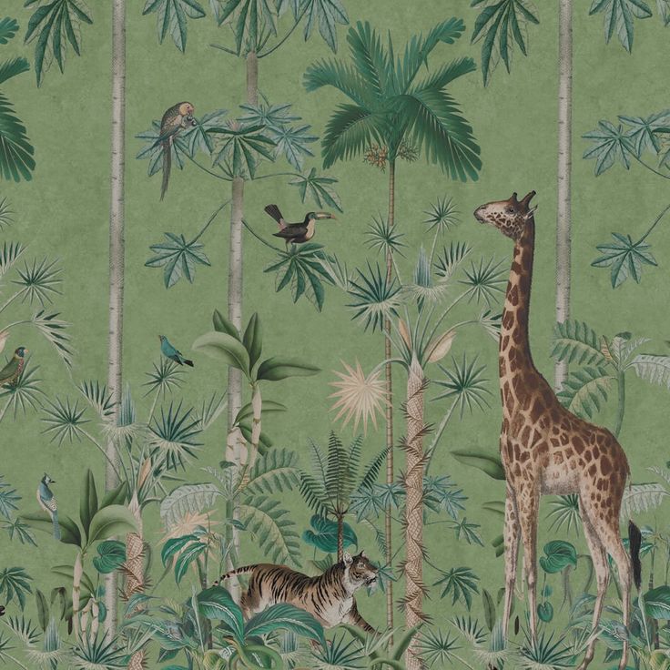 Mittatilaustapetti Rebel Walls Giraffes Stroll, Emerald (R16793)
