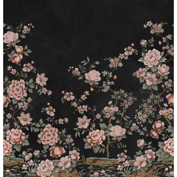 Kuvatapetti Rebel Walls Floral Chinoiserie musta, mittatilaus, non-woven