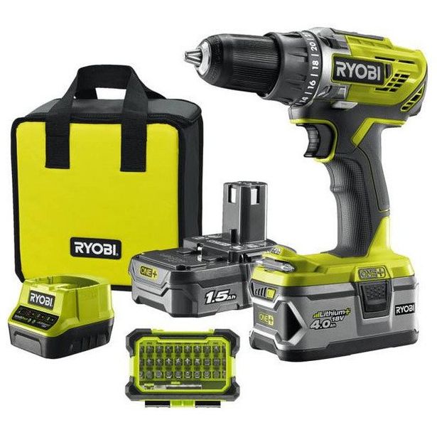 Akkuporakone Ryobi R18DD3-2415BSA31, 18V, 1.5/4.0Ah akuilla + tarvikkeet