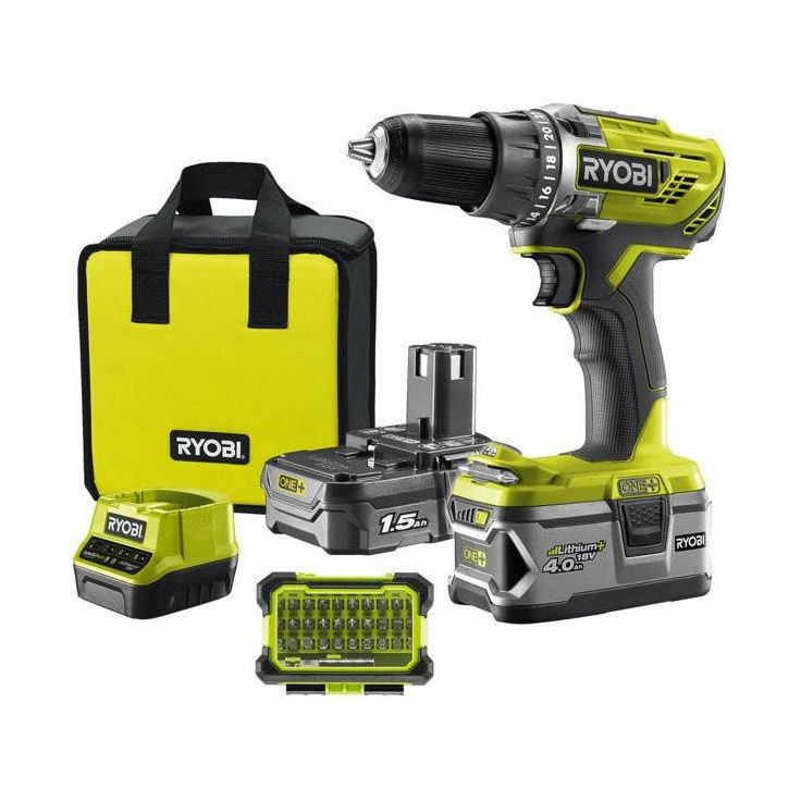 Akkuporakone Ryobi R18DD3-2415BSA31, 18V, 1.5/4.0Ah akuilla + tarvikkeet
