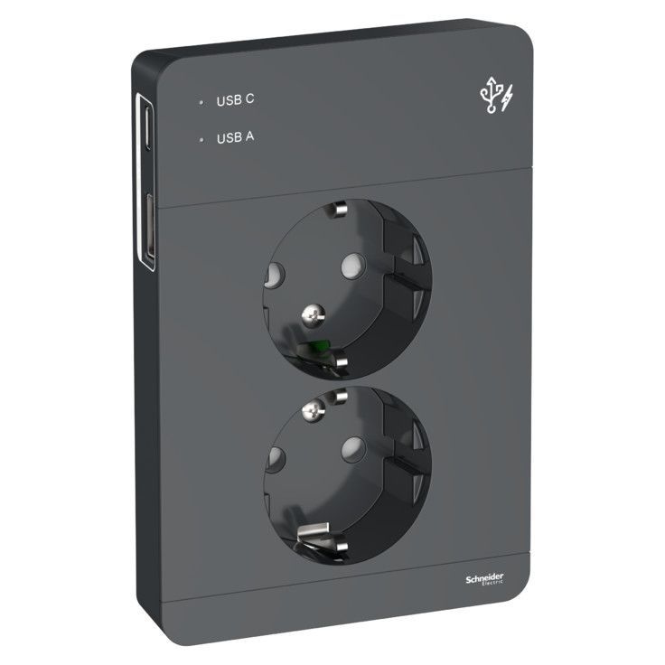 Pistorasia Schneider Electric Exxact, 2-osainen, peitelevyllä + 2x USB lataus A+C 3A, antrasiitti