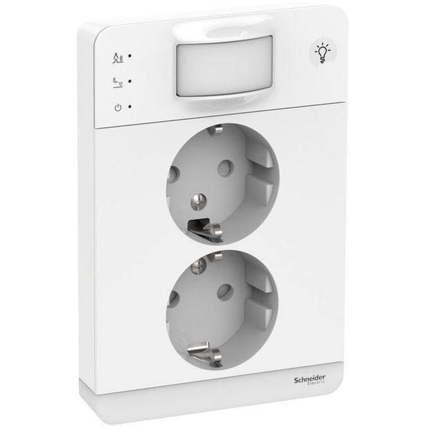Pistorasia Schneider Electric Exxact, 2-osainen, peitelevyllä, liiketunnistin 160° ja valo integroituna, JL 2X, IP21, valkoinen