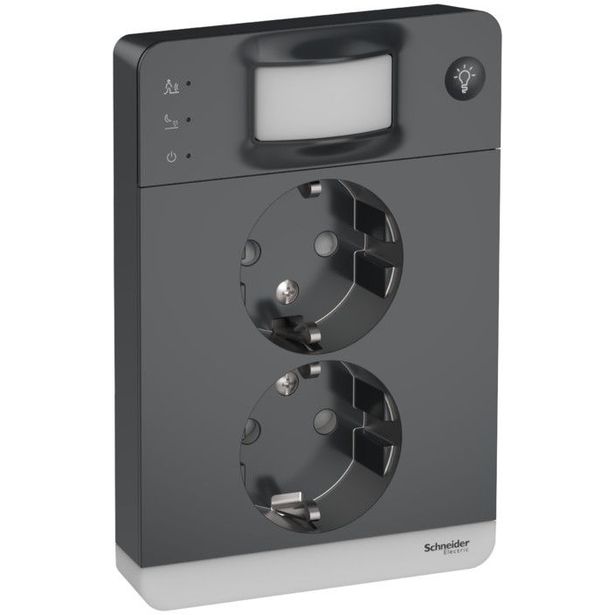 Pistorasia Schneider Electric Exxact, 2-osainen, peitelevyllä, liiketunnistin 160° ja valo integroituna, JL 2X, IP21, antrasiitti