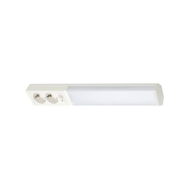 LED-työpistevalaisin Airam Handy 450, 5W/830/840, 450x74mm, 2-osainen pistorasia+kytkin, IP21, valkoinen/opaali