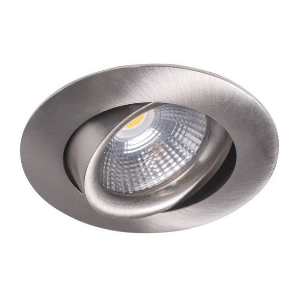 LED-alasvalo Airam Compact, Ø80x39mm, IP44, 5W/830, himmennettävä, suunnattava, satiini nikkeli