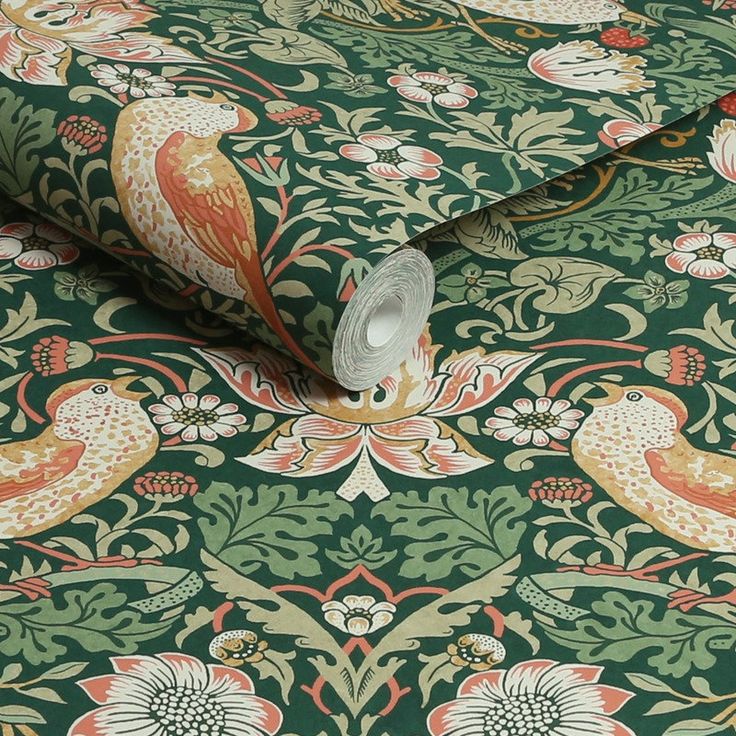 Tapetti William Morris At Home Strawberry Thief, lintu, kukka, non-woven, matta, eri värejä