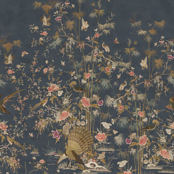 Mittatilaustapetti Chinoiserie Garden, Dark Blue, sininen (S10416)