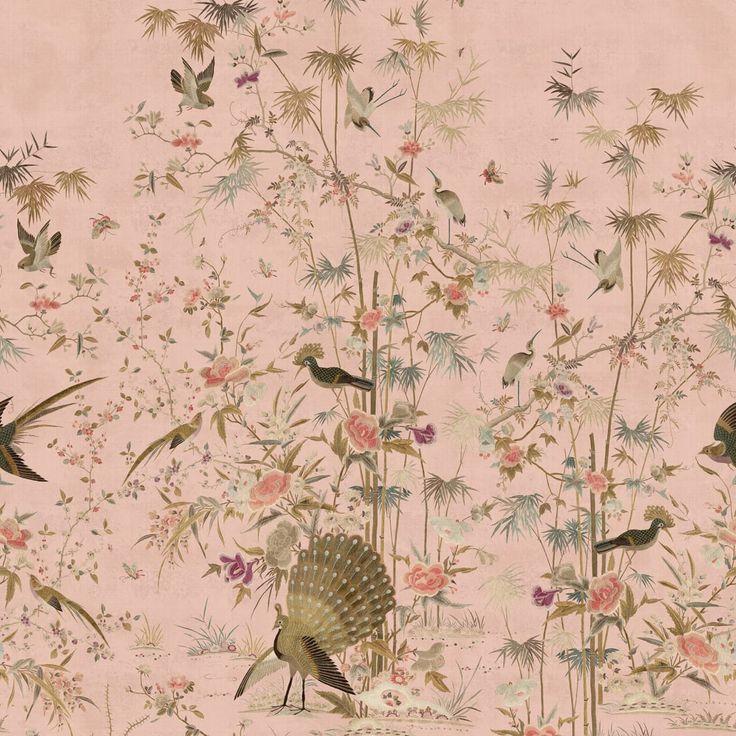 Mittatilaustapetti Chinoiserie Garden, Pink, vaaleanpunainen (S10417)