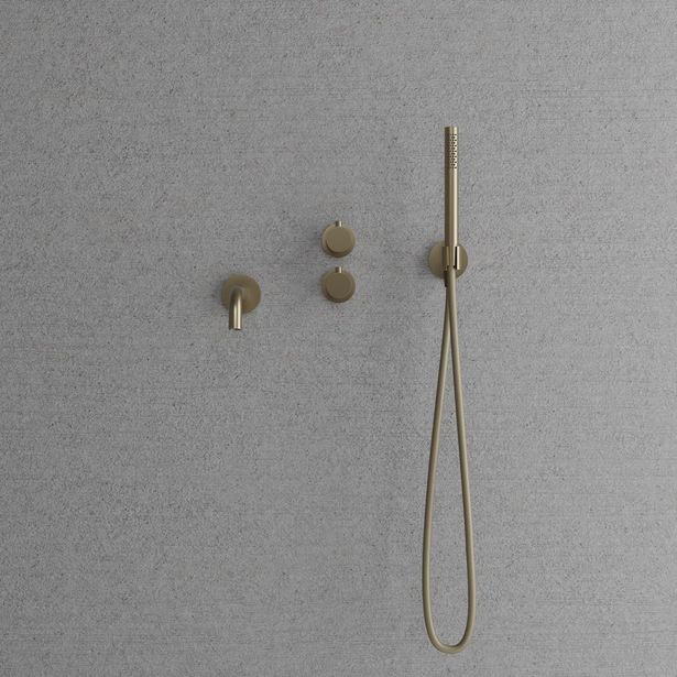 Suihkusetti Scandtap Steel Harmonized 4, termostaattihanalla ja juoksuputkella, Champagne