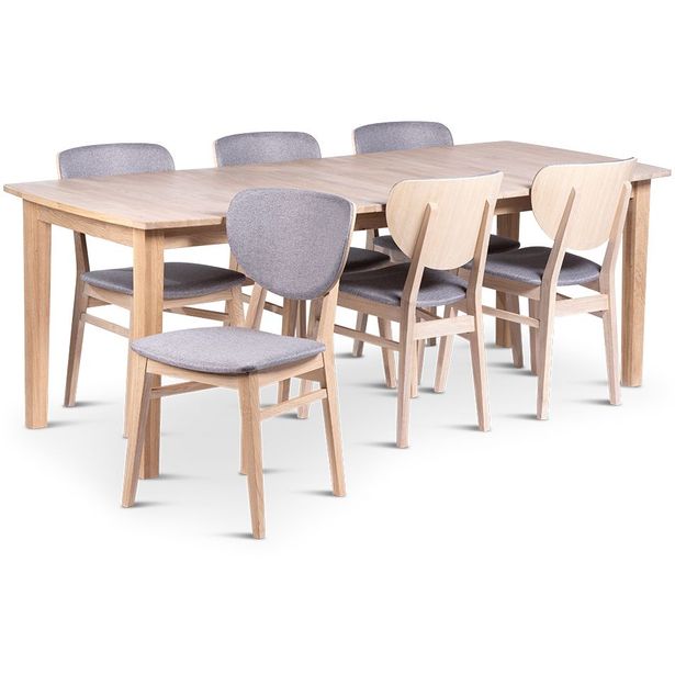 Ruokailuryhmä Stenexpo 160/210x90cm Kivik-jatkopöytä + 6 Fårö-tuolia valkoöljytty tammi