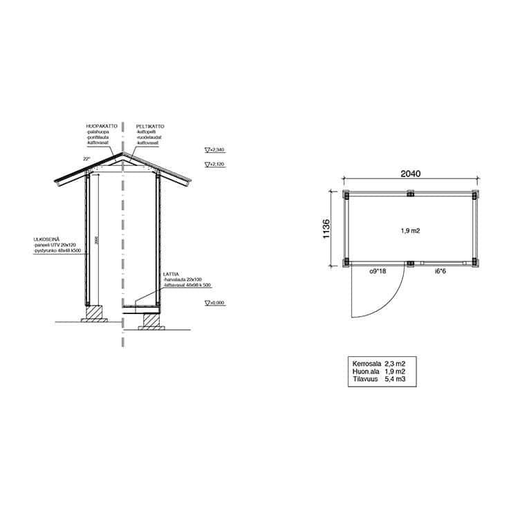 Elementtivarasto Aarni E2, 2040x1140mm, 2.33m², puuvalmis