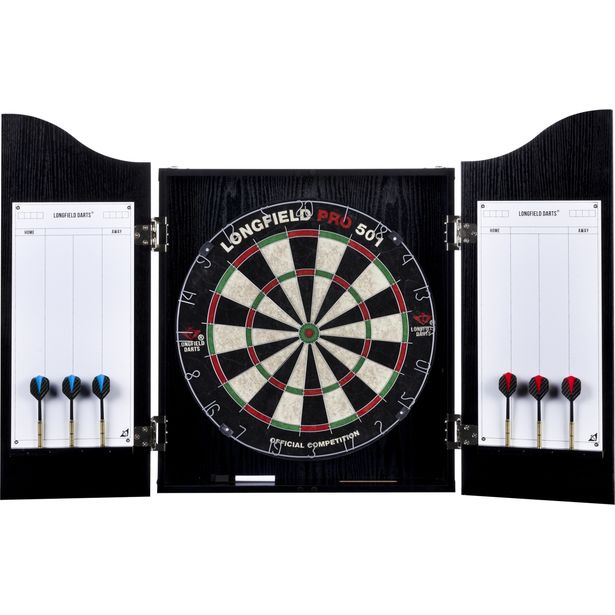Darts-setti Longfield, taulu, kaappi ja tikat, musta