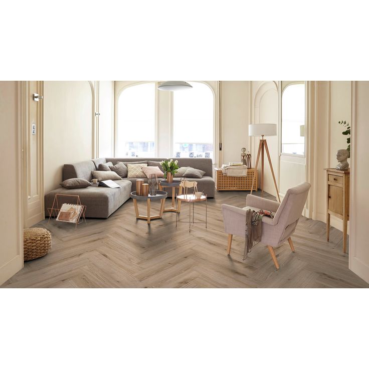 Vinyylilankku Tarkett Herringbone Rigid, Delicate Oak Warm Grey, integroitu askeläänieriste