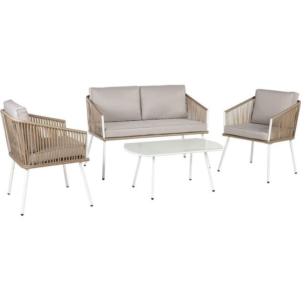 Sohvaryhmä Chic Garden Biella 2 tuolia + sohva + pöytä valkoinen/beige/harmaa