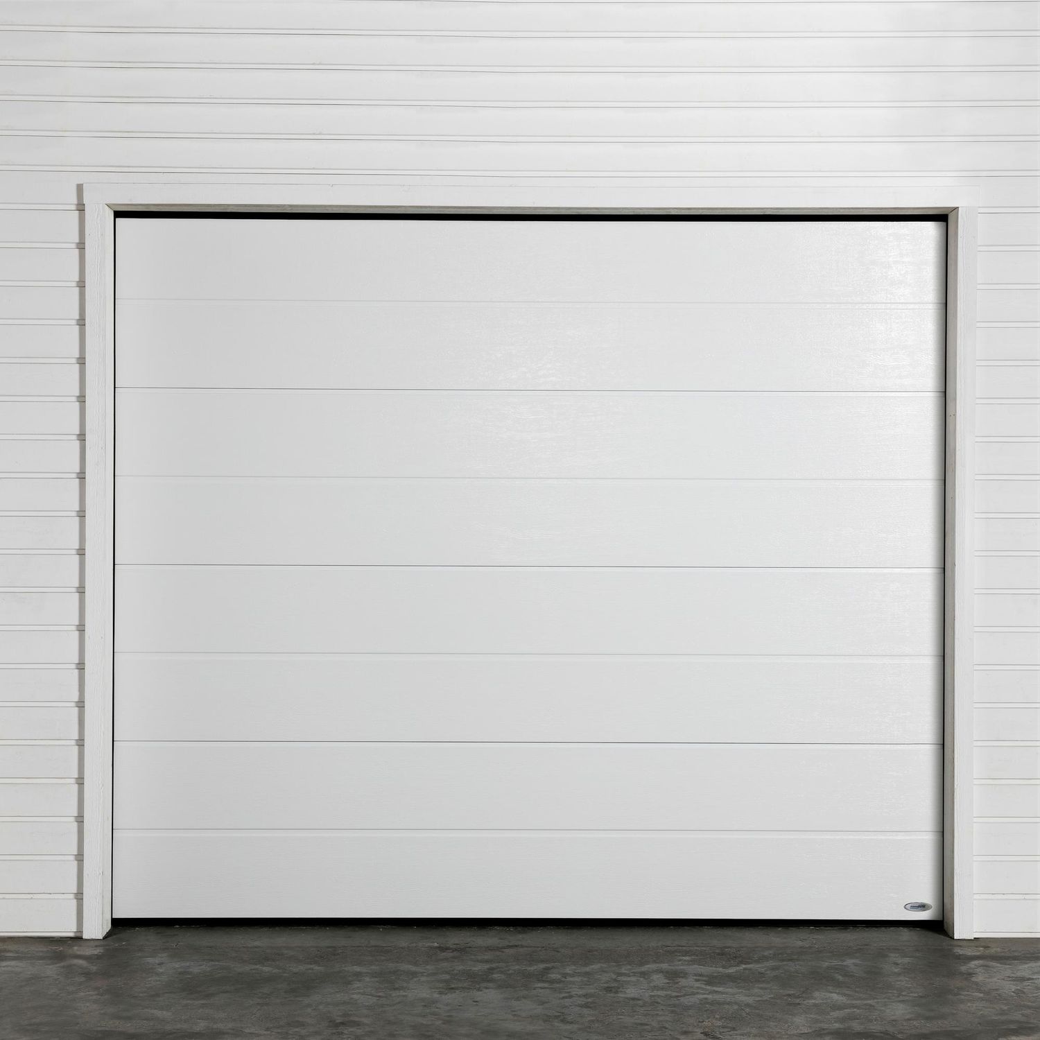 Autotallin nosto-ovi Turner 820E, 2500x2300mm, leveä vaakaura, puukuvio, valkoinen