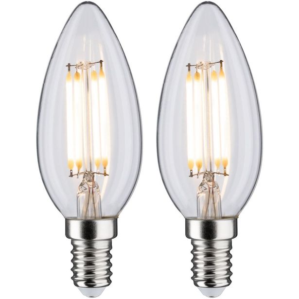 LED-kynttilälamppu Paulmann Candle, E14, 470lm, 4.5W, 2700K, filamentti, kirkas, 2kpl