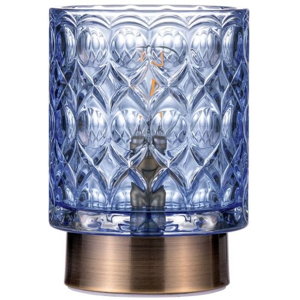LED-pöytävalaisin Paulmann Pauleen Chic Glamour, paristokäyttöinen, E14, 2700K, sininen/harjattu messinki