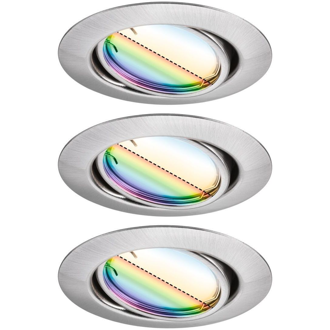 Upotettava LED-valaisin Paulmann Base Coin, 3kpl, Smart Home Zigbee 3.0, Ø90mm, himmennettävä, RGBW+, harjattu rauta