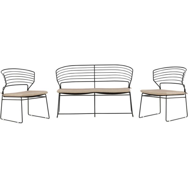 Oleskeluryhmä Venture Home Milano, 2-istuttava sohva + 2 nojatuolia, musta alumiini/hiekka