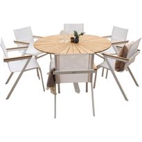 Ruokailuryhmä Venture Home, ø140cm tiikki/valkoinen Mexico-pöytä + 6 valkoista Mexico-tuolia