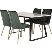 Ruokailuryhmä Venture Home, 140x90cm valkoinen Estelle-pöytä + 4 Velvet Deluxe -tuolia, sametti