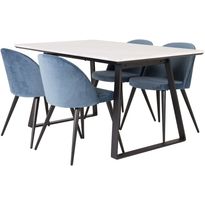 Ruokailuryhmä Venture Home, 140x90cm valkoinen Estelle-pöytä + 4 sinistä Velvet-tuolia, sametti