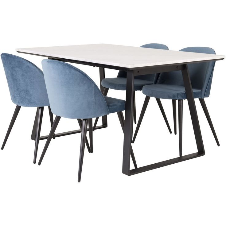 Ruokailuryhmä Venture Home, 140x90cm valkoinen Estelle-pöytä + 4 sinistä Velvet-tuolia, sametti