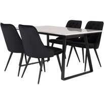 Ruokailuryhmä Venture Home, 140x90cm valkoinen Estelle-pöytä + 4 mustaa Velvet Deluxe -tuolia, sametti
