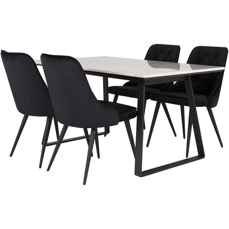 Ruokailuryhmä Venture Home, 140x90cm valkoinen Estelle-pöytä + 4 mustaa Velvet Deluxe -tuolia, sametti