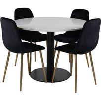 Ruokailuryhmä Venture Home, ⌀106cm valkoinen Razzia-pöytä + 4 musta/messinki Polar-tuolia, sametti