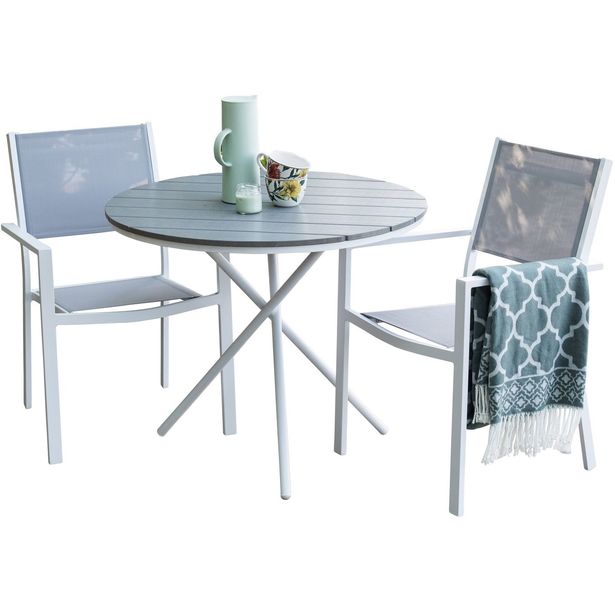 Parvekeryhmä Venture Home, ø90cm harmaa-valkoinen Parma-pöytä + 2 harmaa-valkoista Copacabana-tuolia, matala selkänoja
