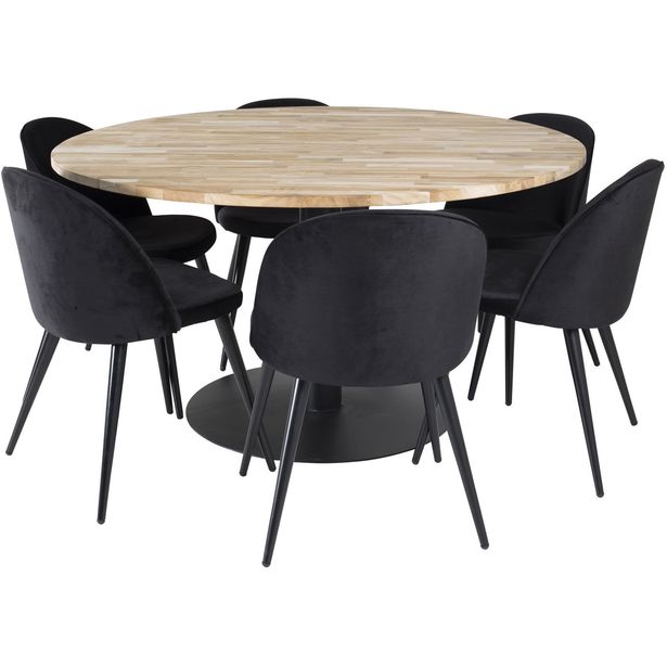 Pyöreä ruokailuryhmä Venture Home, Ø140cm ruskea Cirebon-pöytä + 6 Velvet-tuolia