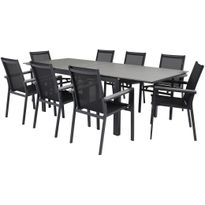 Ruokailuryhmä Venture Home, 160/240x90cm jatkettava harmaa/musta Levels-pöytä + 8 mustaa, pinottavaa Parma-tuolia