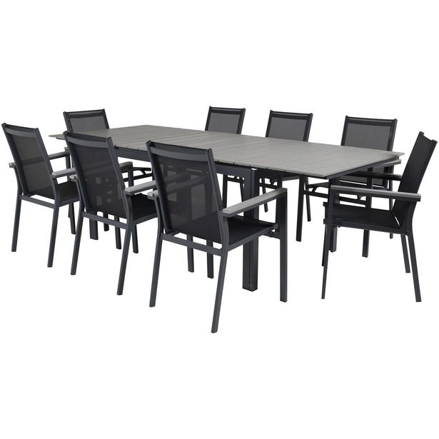 Ruokailuryhmä Venture Home, 160/240x90cm jatkettava harmaa/musta Levels-pöytä + 8 mustaa, pinottavaa Parma-tuolia
