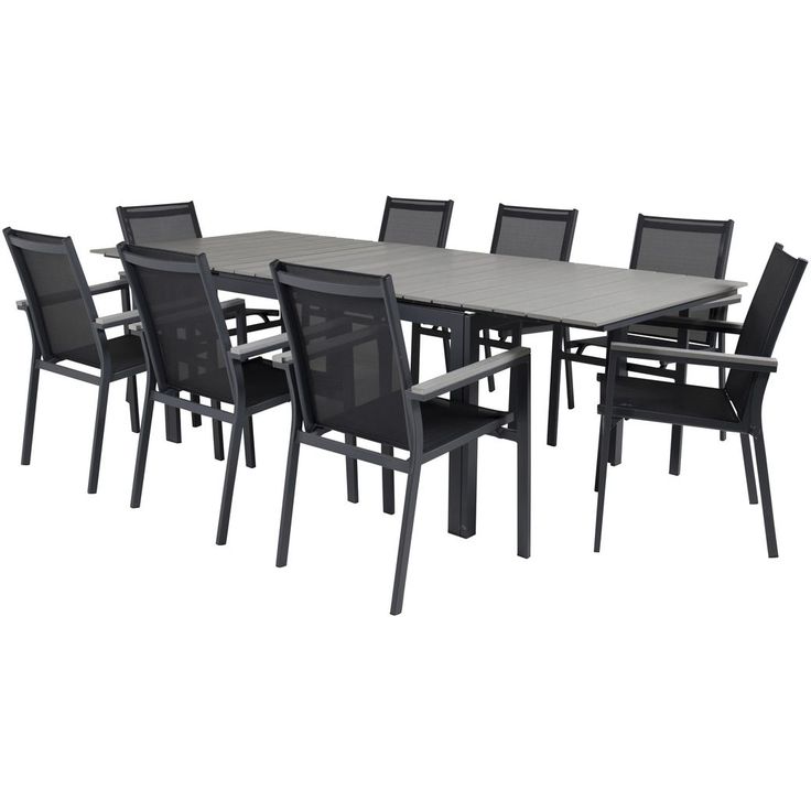 Ruokailuryhmä Venture Home, 160/240x90cm jatkettava harmaa/musta Levels-pöytä + 8 mustaa, pinottavaa Parma-tuolia