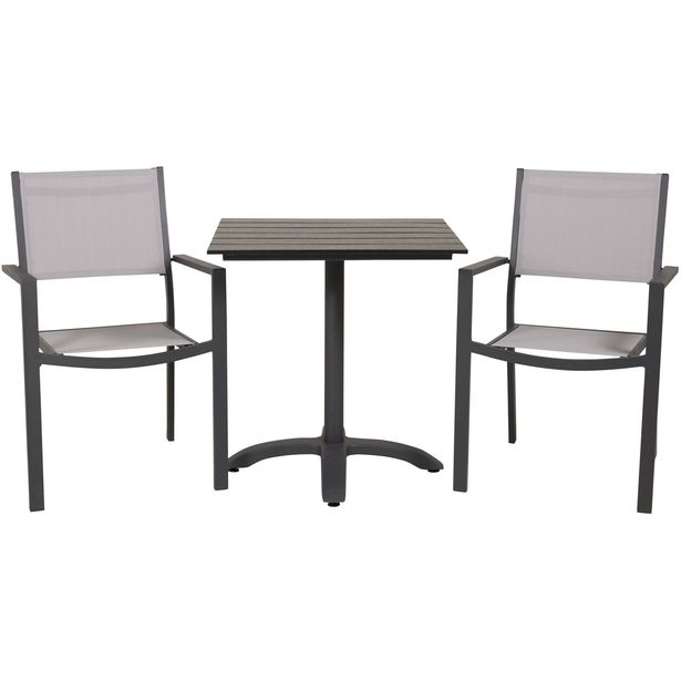 Ruokailuryhmä ulos Venture Home, 70x70cm musta Colorado-pöytä + 2 harmaata Copacabana-tuolia