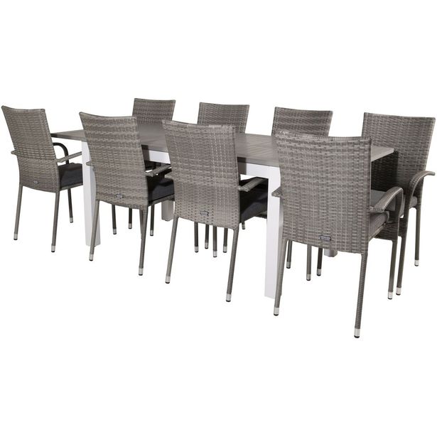 Ruokailuryhmä Venture Home, 160/240x90cm jatkettava harmaa/valkoinen Albany-pöytä + 8 harmaata Anna-tuolia