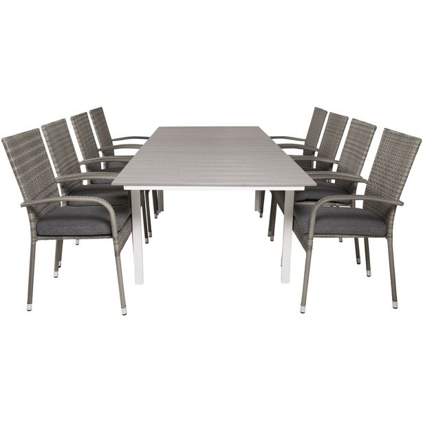 Ruokailuryhmä Venture Home, 160/240x100cm jatkettava harmaa/valkoinen Levels-pöytä + 8 harmaata Anna-tuolia