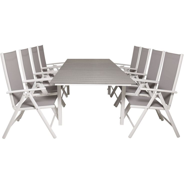 Ruokailuryhmä Venture Home, 160/240x100cm jatkettava harmaa/valkoinen Levels-pöytä + 8 harmaa/valkoista Break-säätötuolia