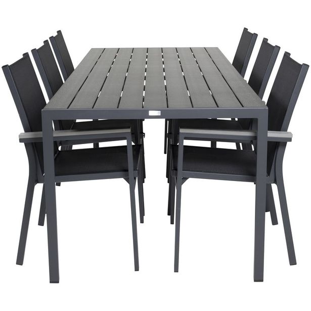 Ruokailuryhmä Venture Home, 205x90cm musta Break-pöytä + 6 mustaa, pinottavaa Parma-säätötuolia