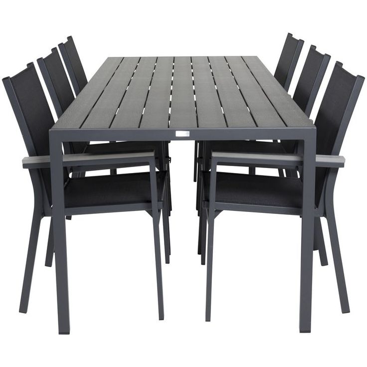 Ruokailuryhmä Venture Home, 205x90cm musta Break-pöytä + 6 mustaa, pinottavaa Parma-säätötuolia