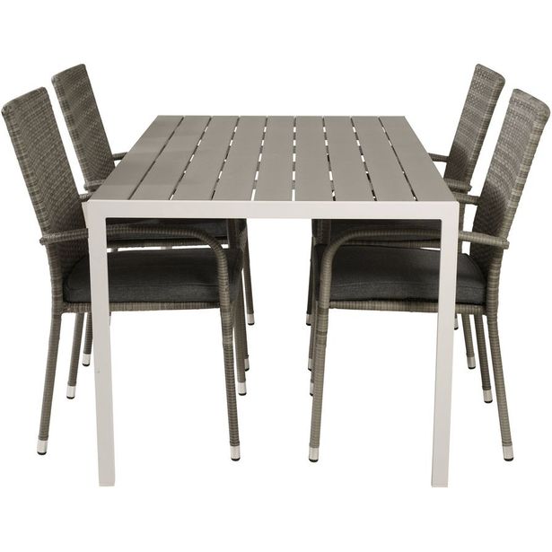 Ruokailuryhmä Venture Home, 150x90cm harmaa/valkoinen Break-pöytä + 4 harmaata, pinottavaa Anna-tuolia
