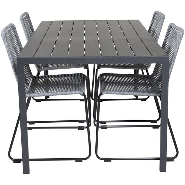 Ruokailuryhmä Venture Home, 150x90cm musta Break-pöytä + 4 harmaata, pinottavaa Lindos-tuolia