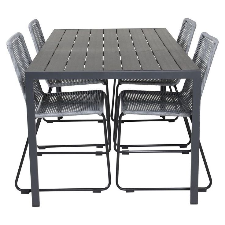 Ruokailuryhmä Venture Home, 150x90cm musta Break-pöytä + 4 harmaata, pinottavaa Lindos-tuolia