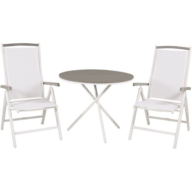Parvekeryhmä Venture Home, ø90cm harmaa-valkoinen Parma-pöytä + 2 Albany-säätötuolia