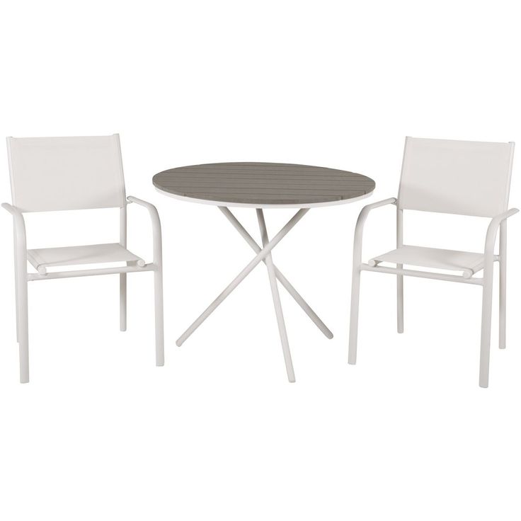 Parvekeryhmä Venture Home, ø90cm harmaa-valkoinen Parma-pöytä + 2 valkoista, pinottavaa Santorini-tuolia
