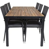Ruokailuryhmä Venture Home, 205x90cm akaasia/musta Bois-pöytä + 6 mustaa, pinottavaa Anna-säätötuolia