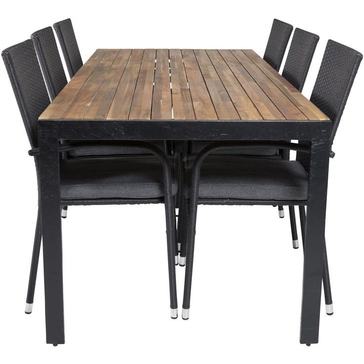 Ruokailuryhmä Venture Home, 205x90cm akaasia/musta Bois-pöytä + 6 mustaa, pinottavaa Anna-säätötuolia